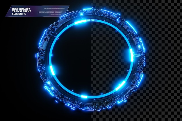 Cercle futuriste lumineux bleu avec des éléments de carte de circuit sur un fond transparent