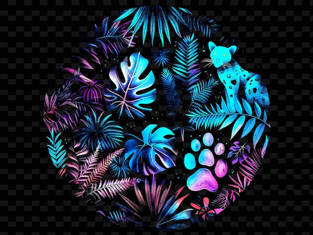 PSD un cercle de plantes tropicales avec un dessin coloré avec un fond noir