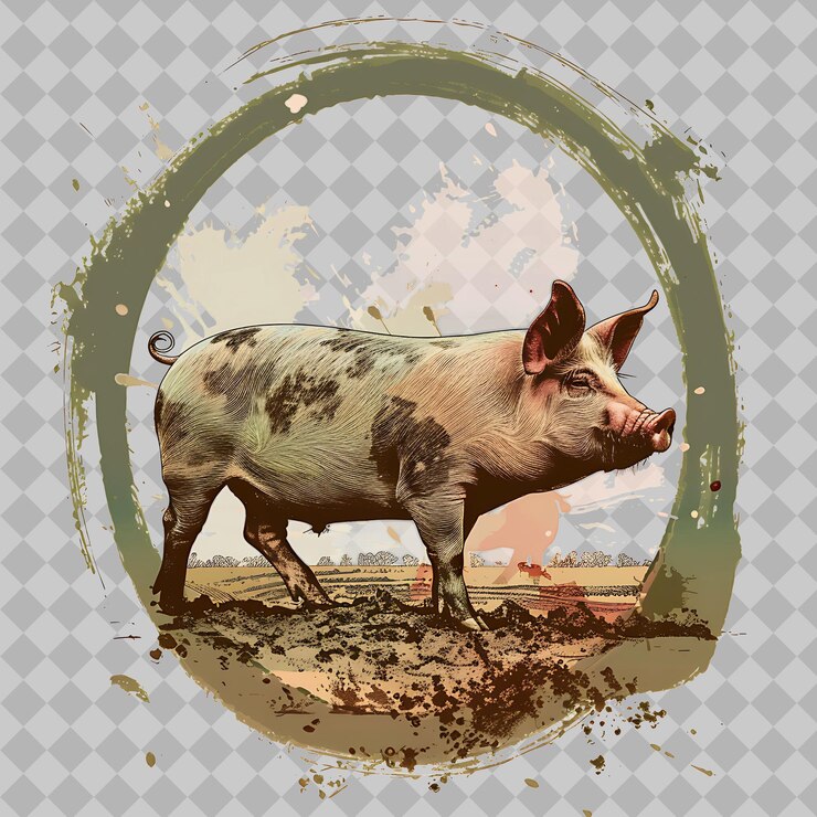 PSD cerdo dentro de una silueta ovalada paisaje rural ilustrando png acuarela diseños de animales