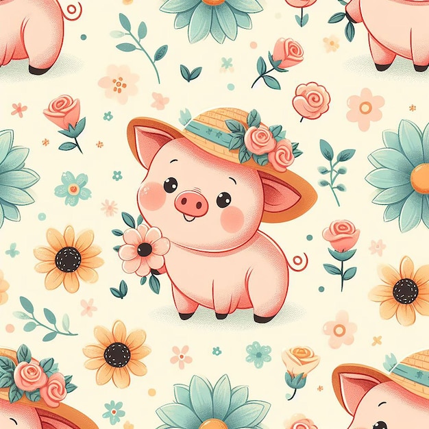 Cerdo lindo con fondo de flores con un patrón sin costuras