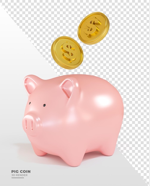 Cerdo con moneda de oro con icono de dólar en render 3d realista con fondo transparente