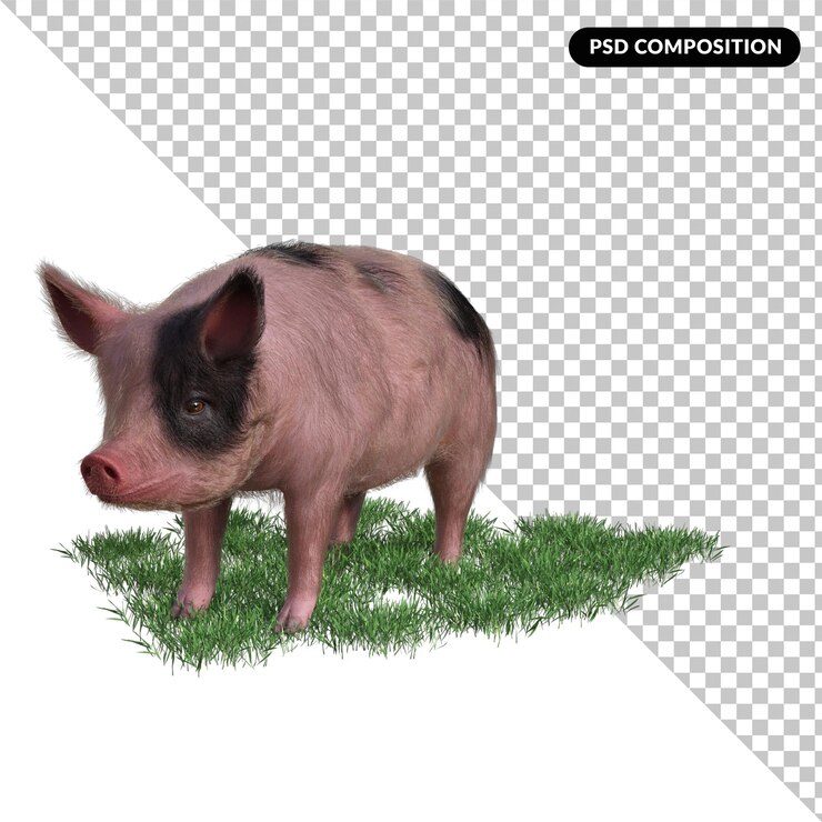 PSD cerdo, en, un, pasto o césped, aislado, 3d