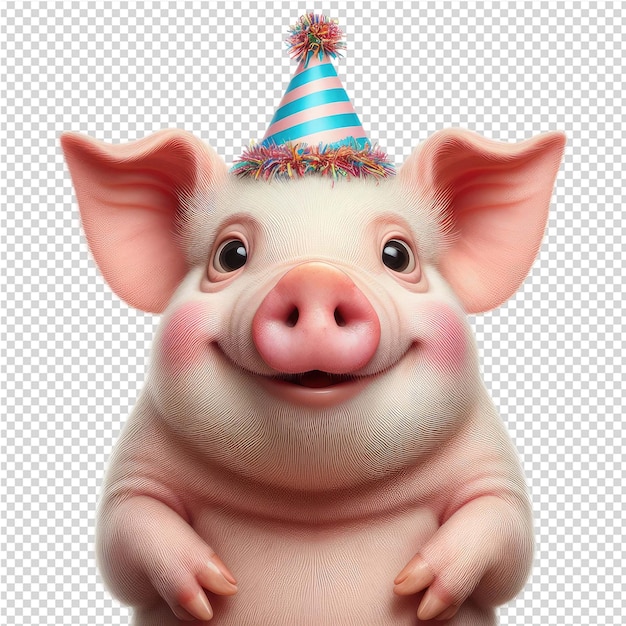 Un cerdo con un sombrero de fiesta en la cabeza