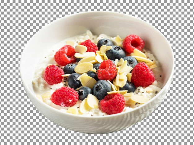 Cereal de café da manhã com frutas e nozes em uma tigela sobre fundo transparente
