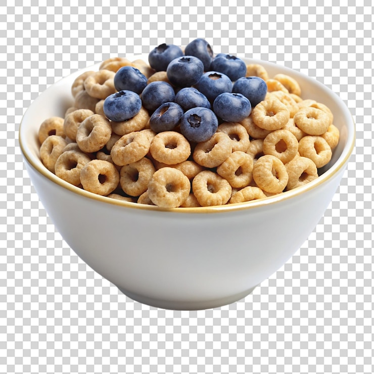 PSD cereales cheerios de grano entero con arándanos en un cuenco blanco aislado sobre un fondo transparente