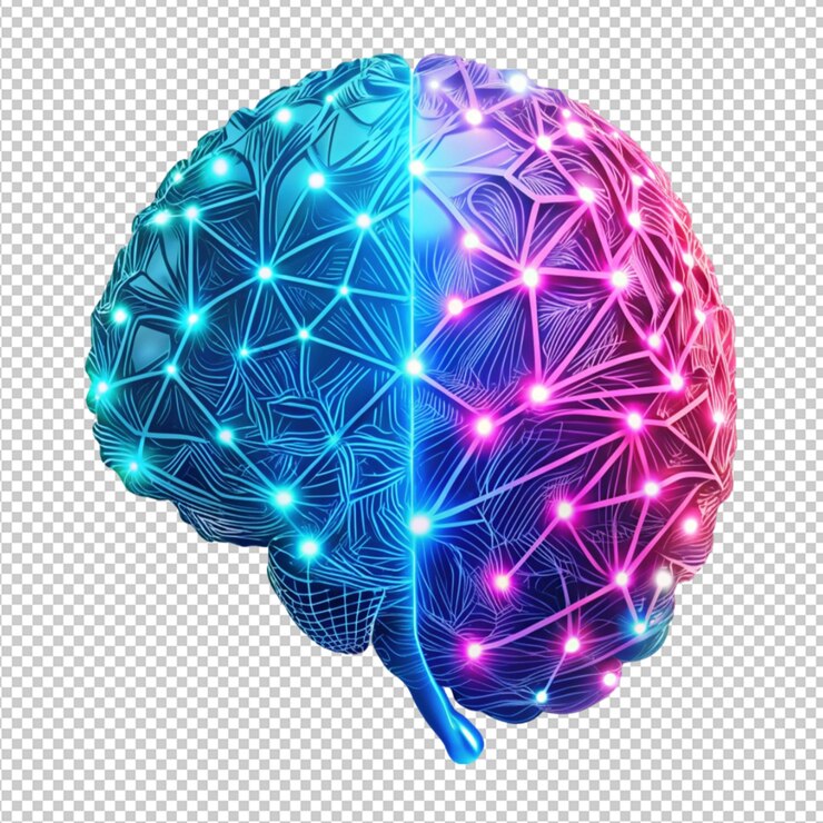 PSD cerebro con cableado en colores azul y rosa sobre un fondo transparente