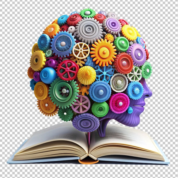 PSD cerebro creativo colorido y engranajes en libro abierto