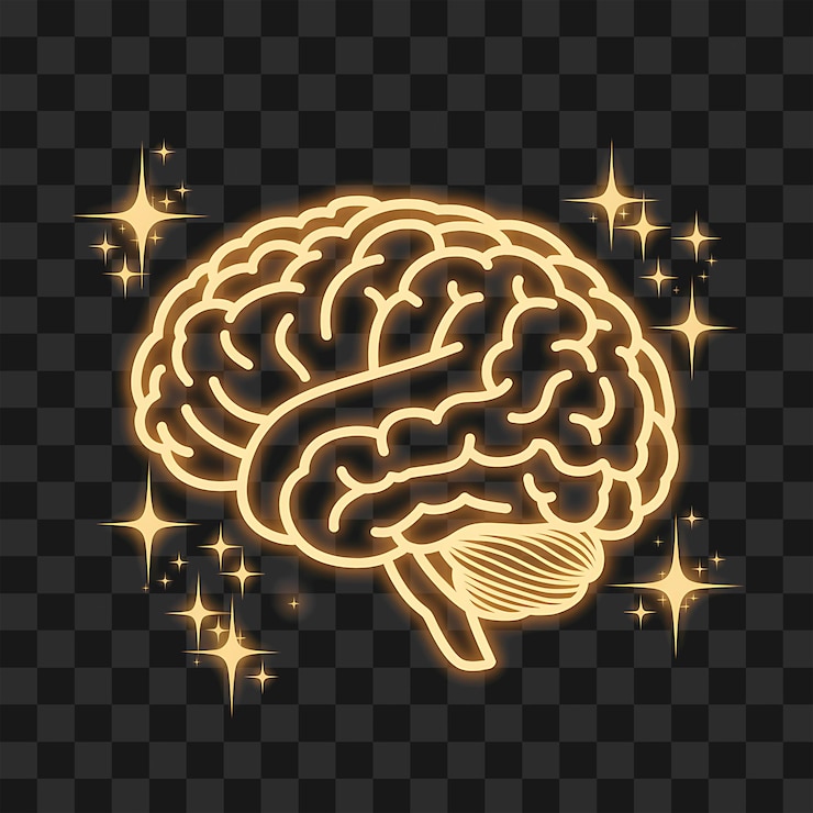 PSD cerebro dorado brillante con chispas en un fondo transparente para conceptos de inteligencia png