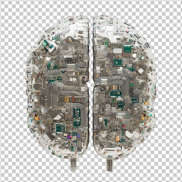 PSD un cerebro electrónico digital hecho de metal sobre un fondo transparente