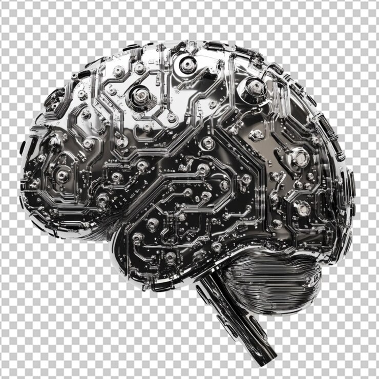 PSD un cerebro electrónico digital hecho de metal sobre un fondo transparente