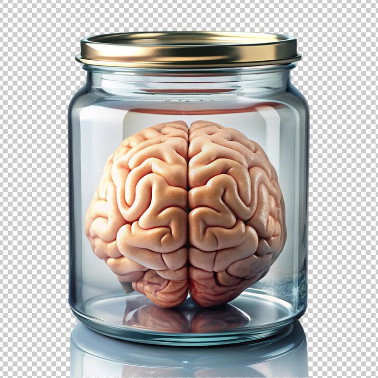PSD cérebro humano 3d em um frasco cheio de líquido em fundo transparente