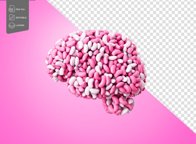 Cerebro humano hecho de jalea cubierta de azúcar rosa y blanca en fondo blanco Ilustración 3D