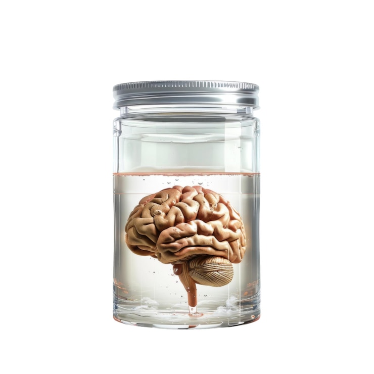 PSD cerebro humano preservado en un frasco de vidrio con líquido