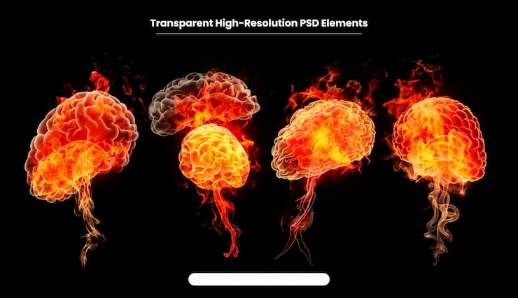 PSD cerebro en llamas sobre un fondo transparente