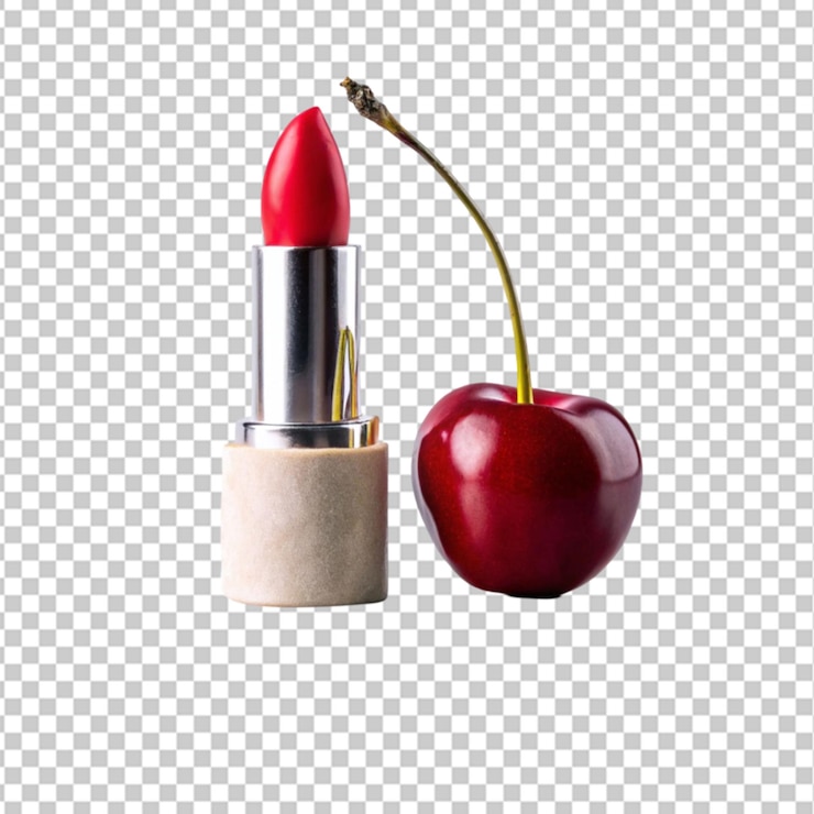 PSD cerezas dulces y lápiz labial rojo sobre un fondo transparente