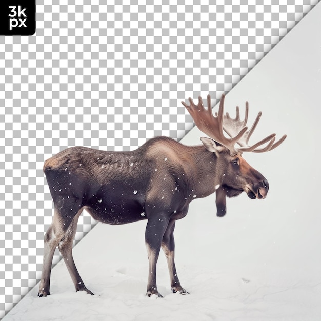 PSD un cerf avec une boîte noire sur le dos se tient dans la neige