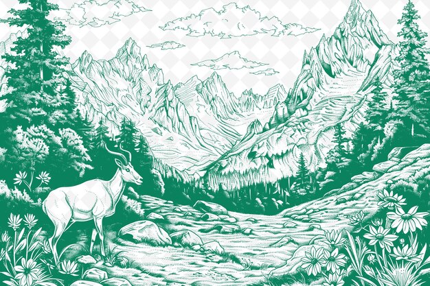 PSD un cerf dans une forêt avec des montagnes en arrière-plan