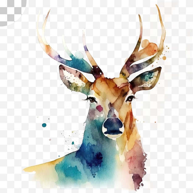 Un cerf avec une tête colorée et un fond noir.