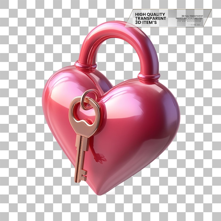 PSD cerradura en forma de corazón en 3d con un icono de llave en un fondo transparente
