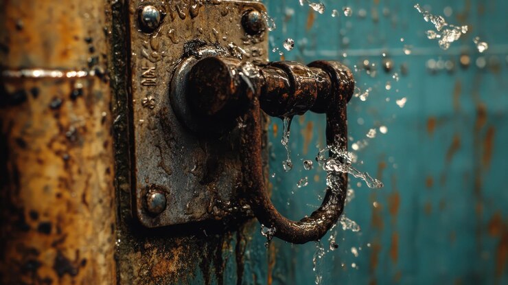 PSD cerradura oxidada con gotas de agua en una superficie azul