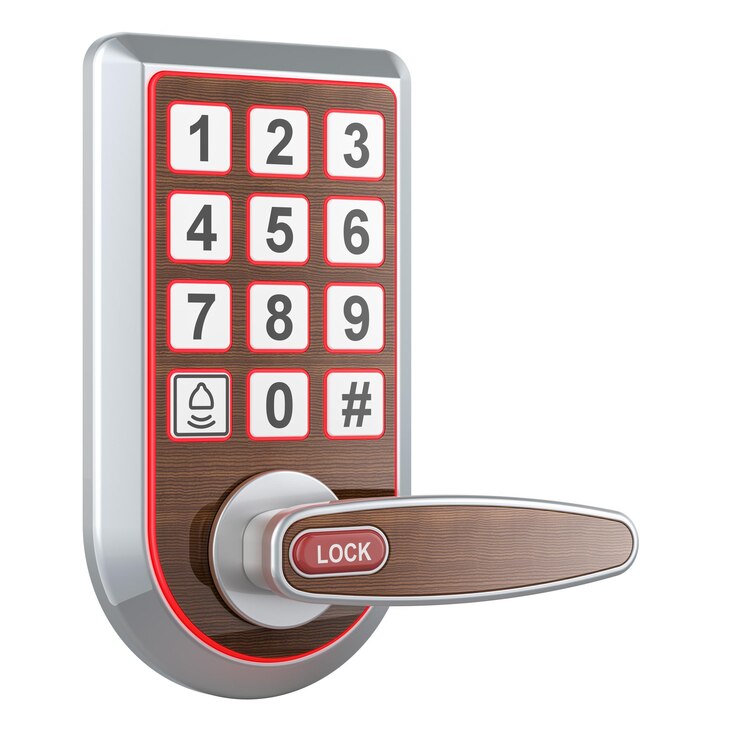 PSD cerradura de puerta de teclado con mango cerradura electrónica de puerta de entrada sin llave rendering 3d aislado en fondo transparente