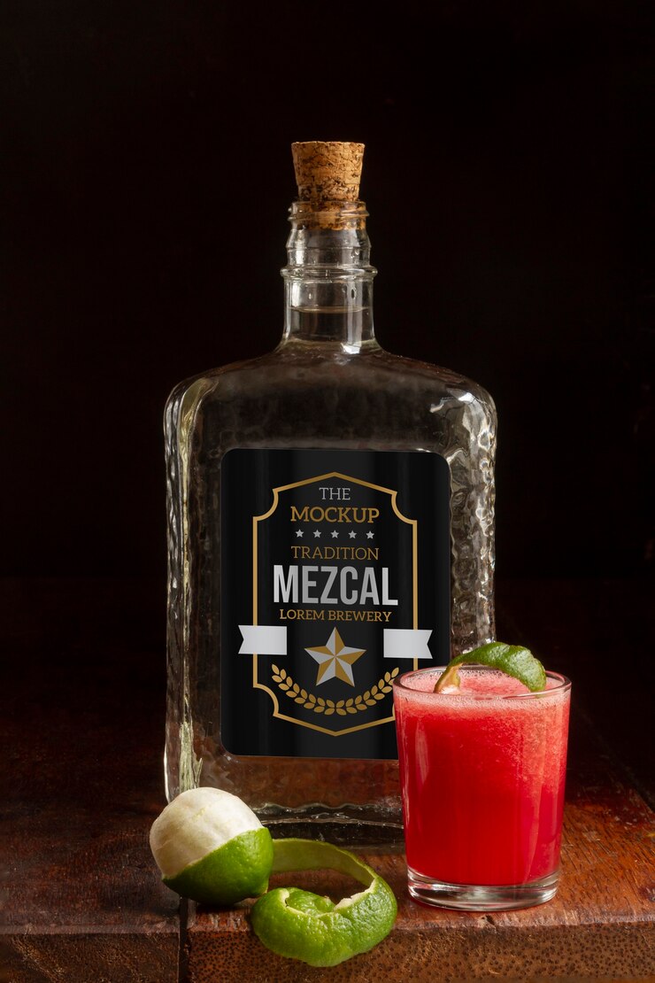 PSD cerrar en botella de bebida de mezcal con ingredientes