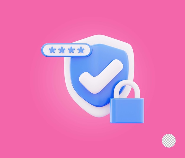 Cerrojo de seguridad con escudo de marca de comprobación que representa el icono de protección de privacidad de datos seguros 3d render