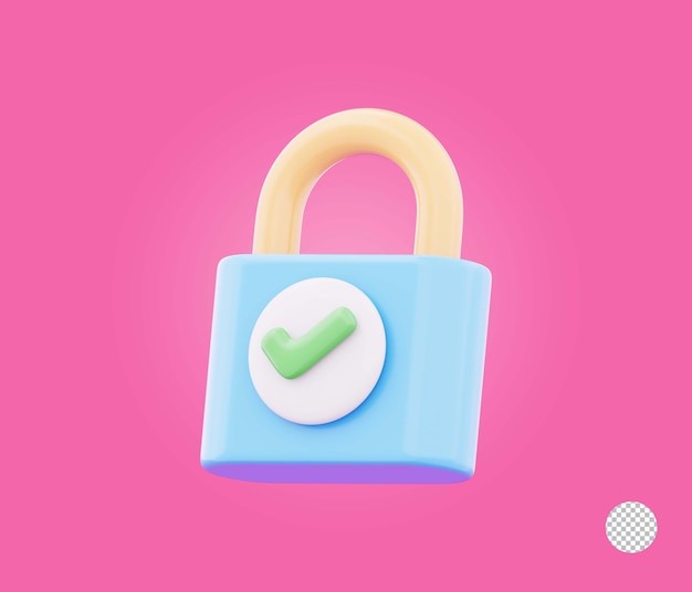 Cerrojo de seguridad con símbolo de marca de comprobación que representa el icono de protección de privacidad de datos seguros renderizado en 3D