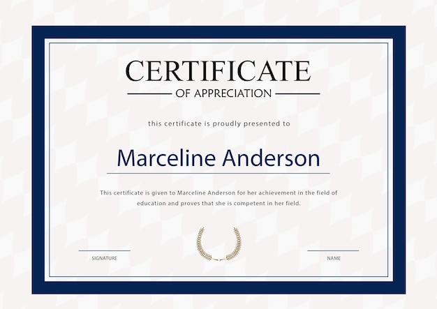 Certificado de aprecio por los logros de Marceline Andersons en la educación