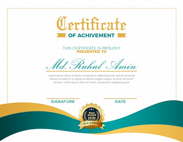 Certificado de gradiente de ouro elegante moderno de design de modelo de conquista com distintivo