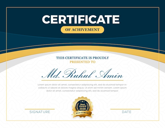 Certificado de gradiente de ouro elegante moderno de design de modelo de conquista com distintivo