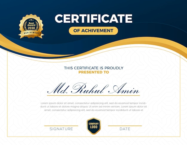 Certificado de gradiente de ouro elegante moderno de design de modelo de conquista com distintivo