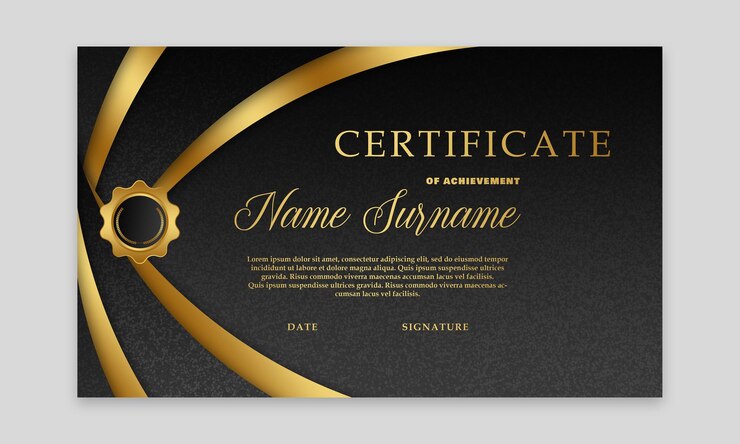 PSD certificado de realização elegante com selo dourado e fundo texturizado