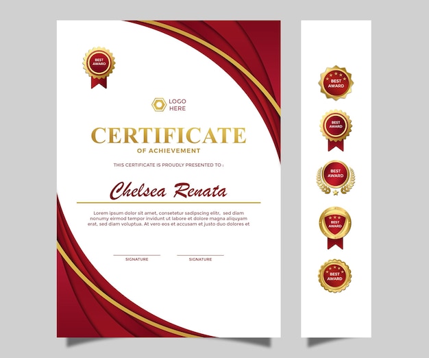 certificado de retrato simples moderno de design de conquista vermelho dourado luxo 9