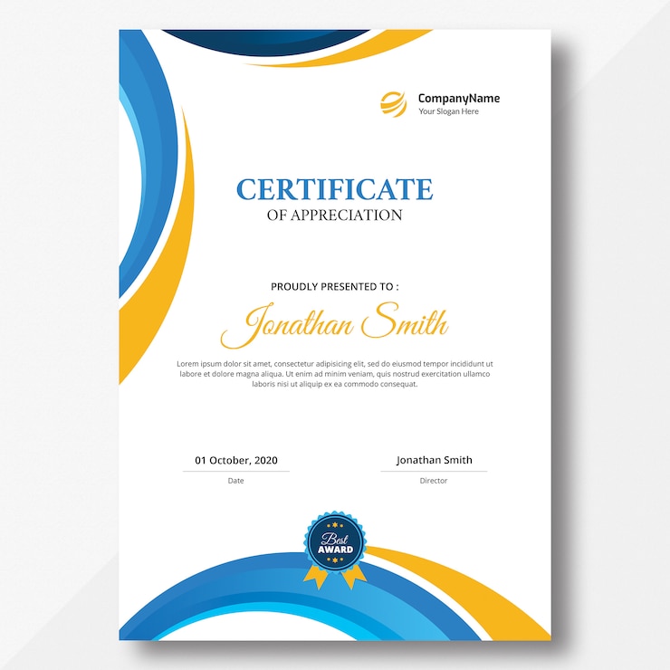 PSD certificado de formas verticales naranjas y azules