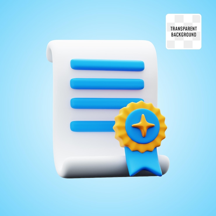 PSD certificado de logro documento en papel con emblema de medalla de oro ilustración de icono 3d diseño de renderización