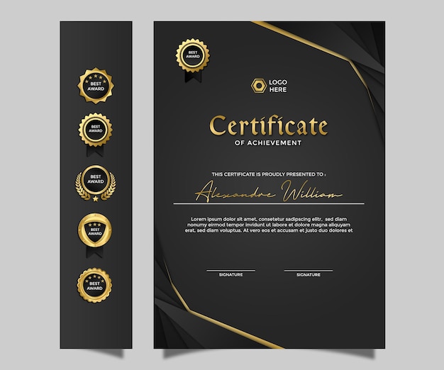 Certificado de logro de retrato simple moderno de lujo diseño oro negro 6