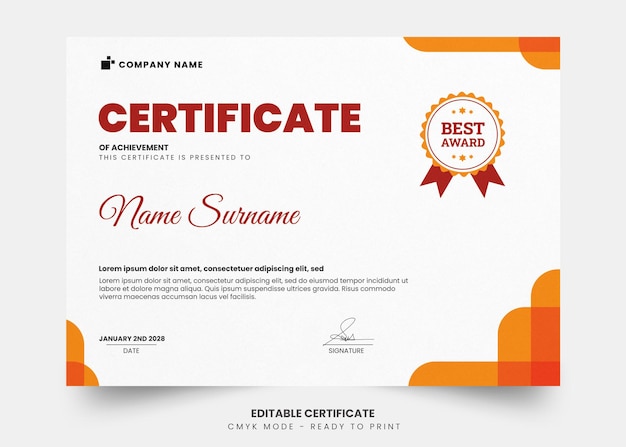 Certificado moderno con plantilla editable simple degradado naranja