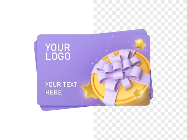 Certificado de regalo púrpura o tarjeta de descuento con caja de regalo amarilla y lazos e ilustración 3d estrella