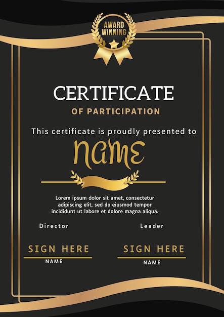 Certificat de participation de luxe en noir et or