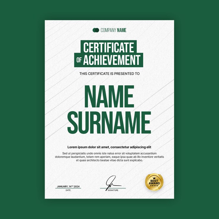 PSD un certificat de portrait vert et blanc avec un simple élément