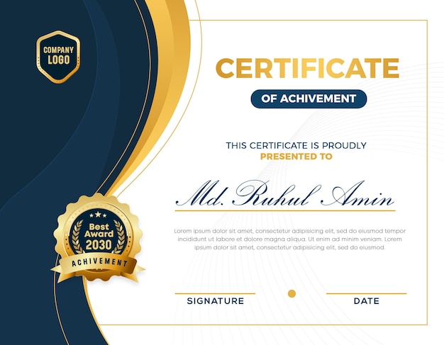 Certificato moderno ed elegante con gradiente d'oro per il design del modello di realizzazione con badge