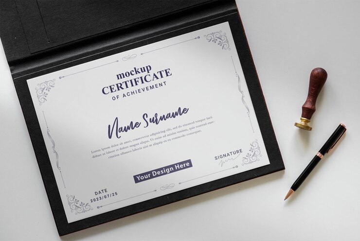 certificato orizzontale a4 con mockup di penna per firma
