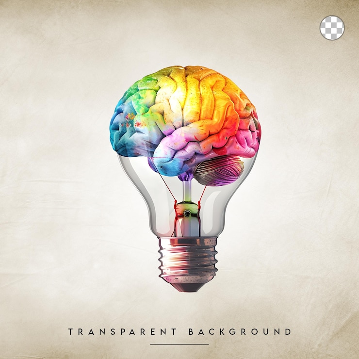 PSD un cerveau coloré dans une ampoule isolée sur un fond transparent