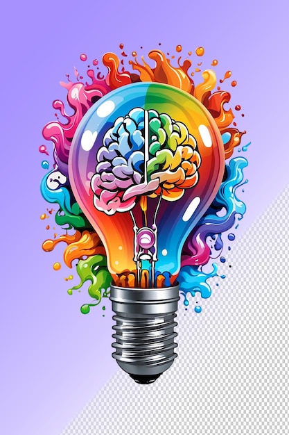 PSD un cerveau coloré est dans une ampoule avec de la peinture colorée