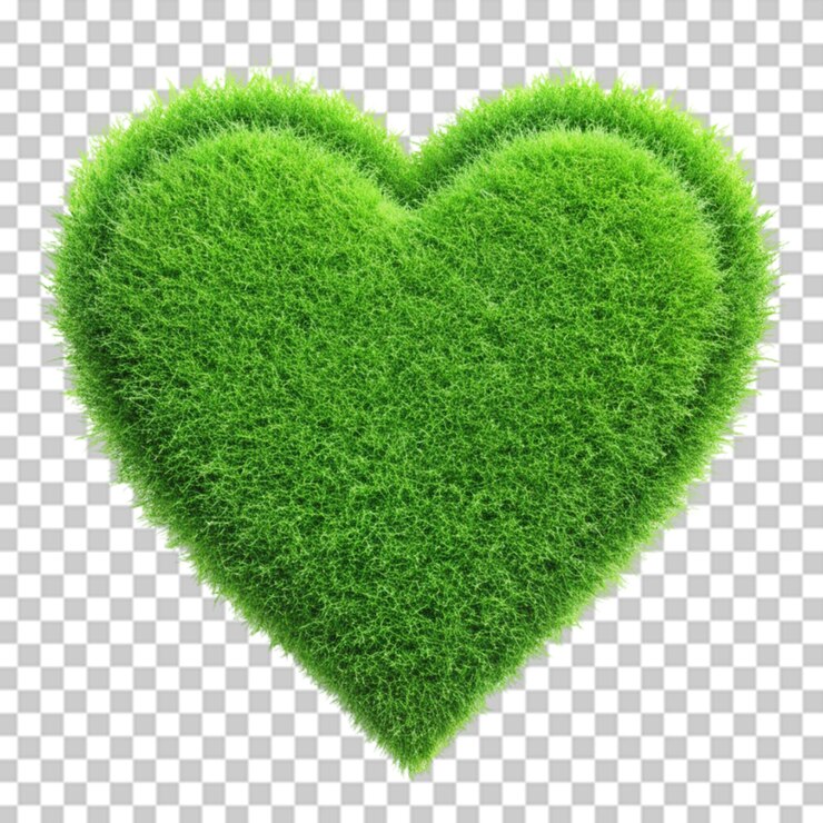 PSD césped verde realista en forma de corazón sobre un fondo transparente
