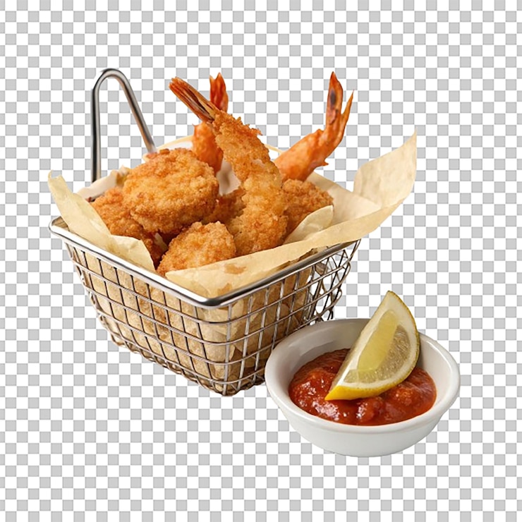 PSD cesta de camarones fritos con una cuña de limón y salsa de cóctel en el lado