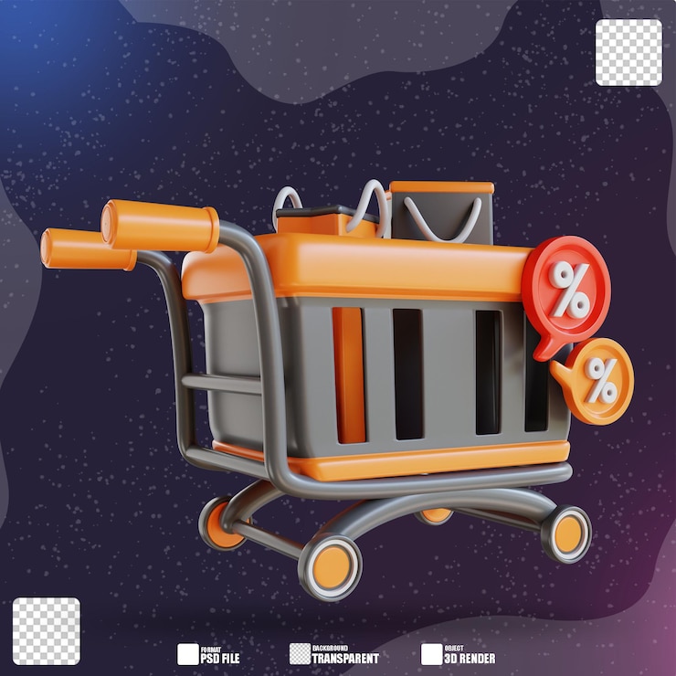 PSD cesta de cochecito de ilustración 3d y descuento de bolsa de papel 2