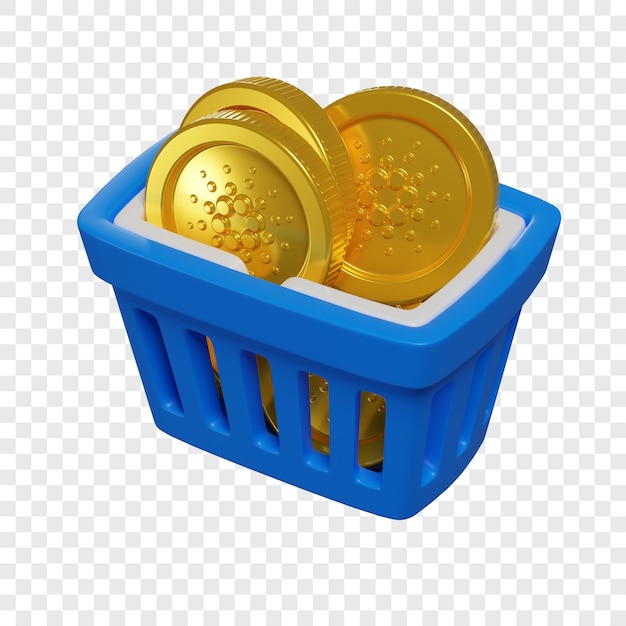 Cesta de la compra azul 3d con monedas de Cardano concepto de compra de tokens cryptocurrency