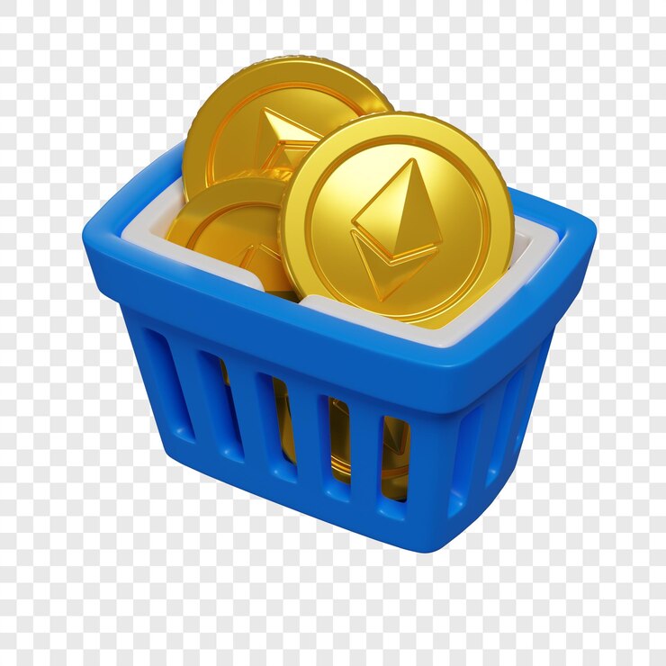 PSD cesta de la compra azul 3d con monedas ethereum concepto de compra de token cryptocurrency